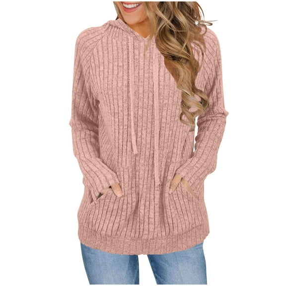 Yangnuo Fall Winter Trendy Comfy Warm Solid Color Blouses Tops for Women Women Sanded Long-sleeved Hooded Raglan Sleeve Front Pocket Top