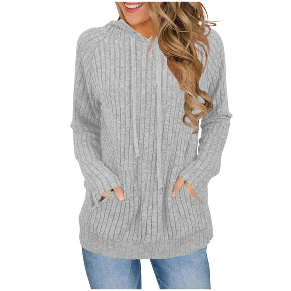 Yangnuo Fall Winter Trendy Comfy Warm Solid Color Blouses Tops for Women Women Sanded Long-sleeved Hooded Raglan Sleeve Front Pocket Top