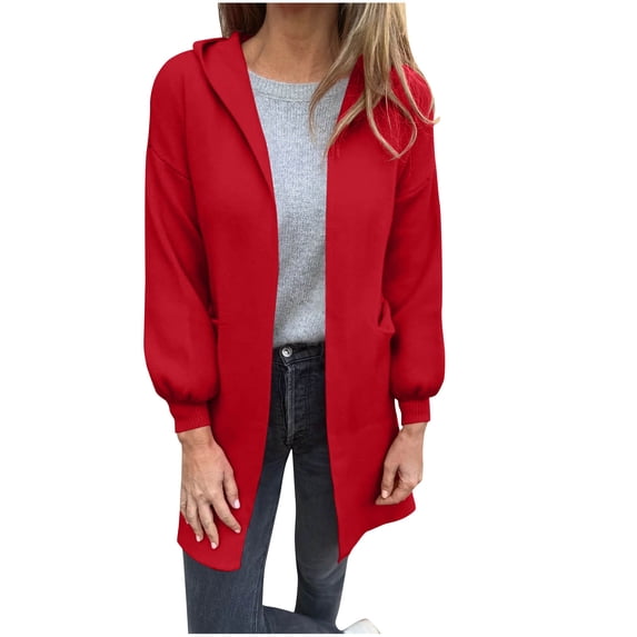 Yangnuo Fall Winter Womens Comfy Casual Jackets Cardigan Women's Solid Color Long Sleeved Hem Slit Double Pocket Hooded Casual Outwear