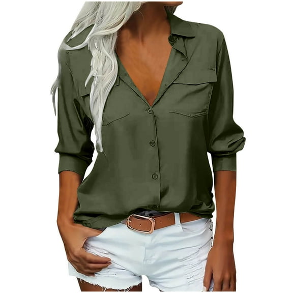 Yangnuo Long Sleeves Shirts for Women Women's Solid Color Double Pocket Shirt Button Long Sleeved Turndown Collar Top