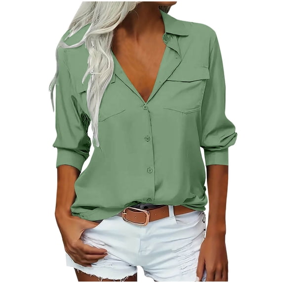 Yangnuo Long Sleeves Shirts for Women Women's Solid Color Double Pocket Shirt Button Long Sleeved Turndown Collar Top