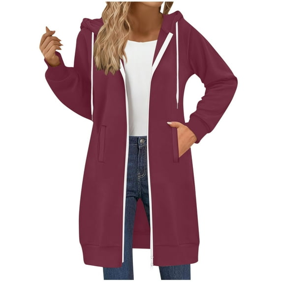 Yangnuo Long Zip Up Hoodies for Women Womens Fall Sweatshirts Women's Casual Loose Solid Color Pocket Long Sleeved Double Zipper Hooded Sweatshirt Top