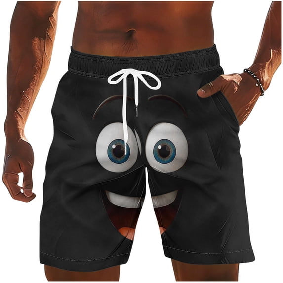 Yangnuo Men's Cartoon Smile Face Print Swim Trunks Beach Shorts Men's Casual Pocket Elastic Waistband Drawstring Swimming Trunks Beach Pants Shorts