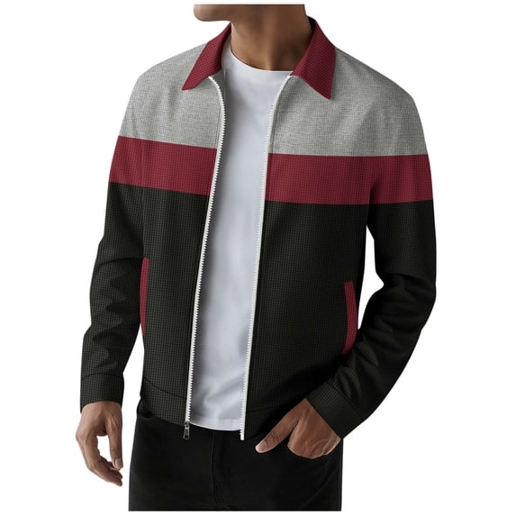 Yangnuo Mens Casual Fashion Collared Jackets Men's Color Blocked Long Sleeved Lapel Zipper Cardigan Jacket