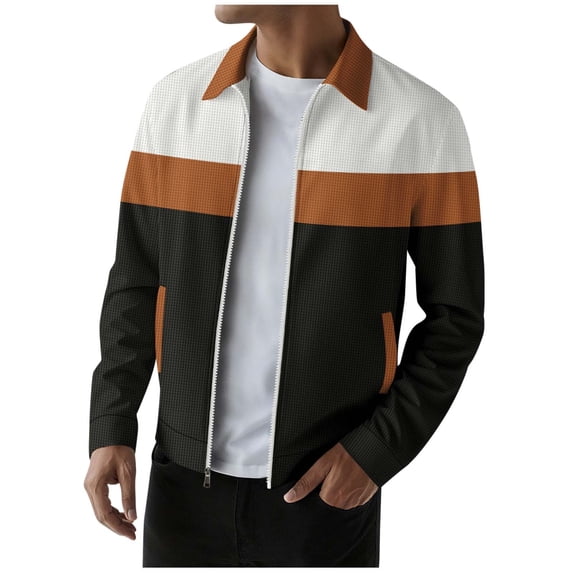 Yangnuo Mens Casual Fashion Collared Jackets Men's Color Blocked Long Sleeved Lapel Zipper Cardigan Jacket