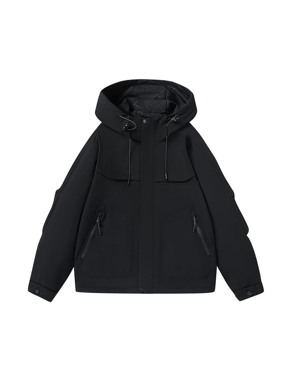 Mens Casual Solid Color Windbreaker Jackets Men's Solid Color Waterproof Long Sleeved Hooded Workwear With Multiple Pockets Jacket