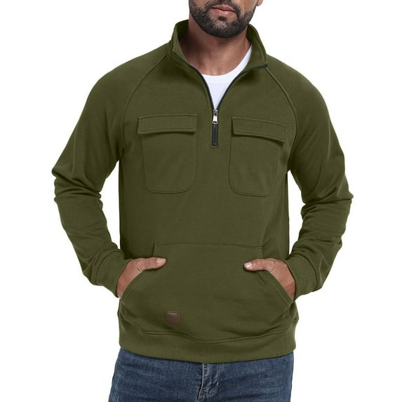 Yangnuo Mens Solid Color Trendy Comfy Cargo Sweatshirts Men's Solid Color Multi Pocket Half Zipper Long Sleeved Stand Up Collar Pullover Sweatshirt
