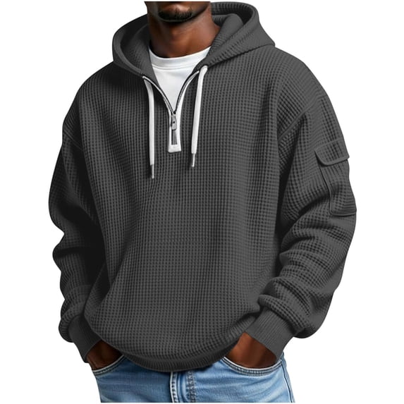 Yangnuo Mens Trendy Warm Waffle Knit Half Zip Up Hoodies Men's Colorblock Jackets Pocket Tops Mens Sports Large Size Casual Long Sleeve Winter Hoodie