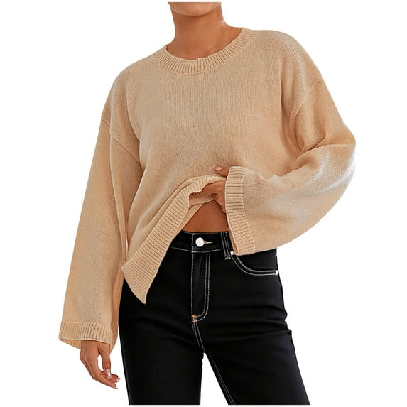 Yangnuo Pullover Sweaters for Women Loose Fall Sweaters for Women Woman Leisure Comfortable Leisure Solid Color Round Neck Trumpet Sleeve Long Sleeve Shirt Round Neck Sweater
