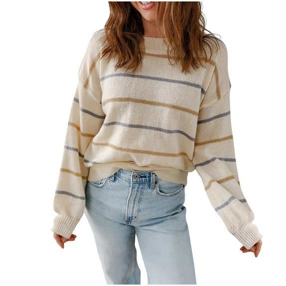 Yangnuo Pullover Sweaters for Women Striped Sweater for Women Fashion Women's Colorful Striped Long Sleeved Round Neck Winter Sweater