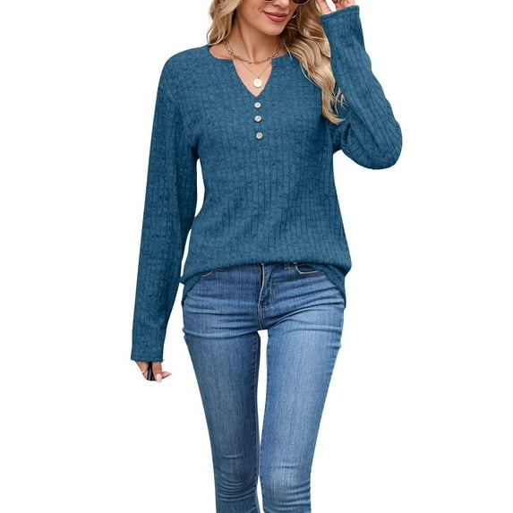 Yangnuo V-Neck Sweaters for Women Lightweight Sweaters for Women Women's Fashionable Casual V-neck Solid Color Stripe Long Sleeved Button Up Top