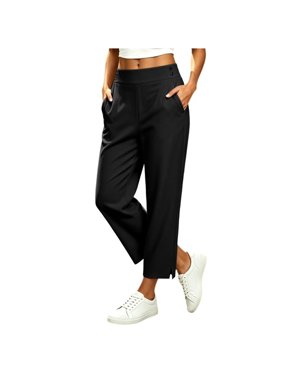 Women Ankle Length Pants with Front Slit and Elastic Waist Side Pockets Loose Fit Trousers for Winter