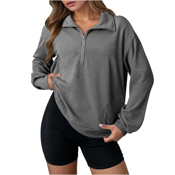 Yangnuo Women Causal Fashion Sweatshirts Ladies Long Sleeve Lapel Half Zipper Solid Color Pocket Temperament Top