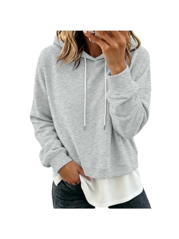 Women Fake Two Piece Hooded Sweatshirt with Drawstrings and Layered Hem Long Sleeve Loose Fit Pullover Top