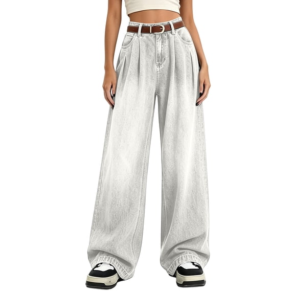 Yangnuo Women High Waist Pleated Gradient Washed Wide Leg Jeans Loose Fit Casual Denim Long Pants With Pockets