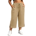thumbnail image 1 of Yangnuo Women Plus Size Drawstring Wide Leg Capri Pants With Pockets Side Split Textured Casual Cropped Trousers, 1 of 4