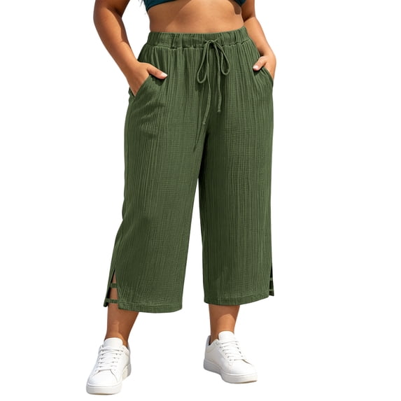 Yangnuo Women Plus Size Drawstring Wide Leg Capri Pants With Pockets Side Split Textured Casual Cropped Trousers