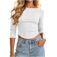 thumbnail image 1 of Yangnuo Women Solid Boat Neck 3/4 Sleeve Curved Hem Fitted Cropped Casual Layering Fashion Tops For Women, 1 of 5