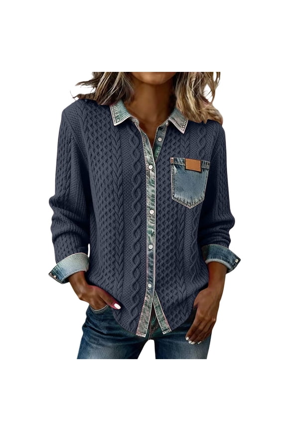 Women Denim-Collar Cable-Knit Shacket Solid Contrast Denim Cuff Pocket Long-Sleeve Button-Front Loose Casual Cardigan Jacket