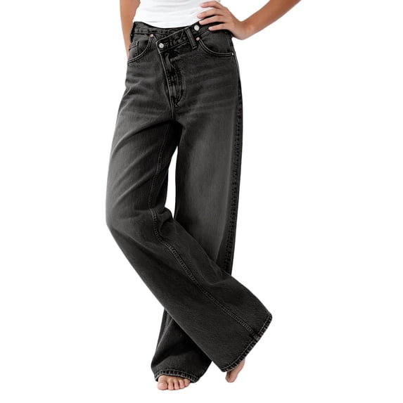 Yangnuo Women Solid Straight Leg Jeans Button Zipper High Waist Casual Denim Long Pants With Pockets