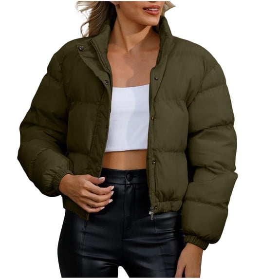 Yangnuo Women Stand Collar Puffer Jacket with Zip and Snap Closure Long Sleeve Cropped Warm Coat for Fall