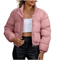 thumbnail image 1 of Yangnuo Women Stand Collar Puffer Jacket with Zip and Snap Closure Long Sleeve Cropped Warm Coat for Fall, 1 of 4
