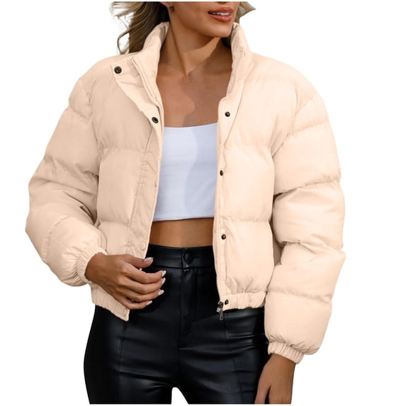 Yangnuo Women Stand Collar Puffer Jacket with Zip and Snap Closure Long Sleeve Cropped Warm Coat for Fall
