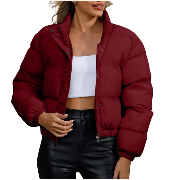 Yangnuo Women Stand Collar Puffer Jacket with Zip and Snap Closure Long Sleeve Cropped Warm Coat for Fall