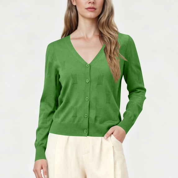 Yangnuo Women V-Neck Button Down Textured Knit Cardigan Long Sleeve Slim Fit Solid Color Cropped Open Front Sweater Jacket Casual Daily Layering Outerwear For Spring Autumn