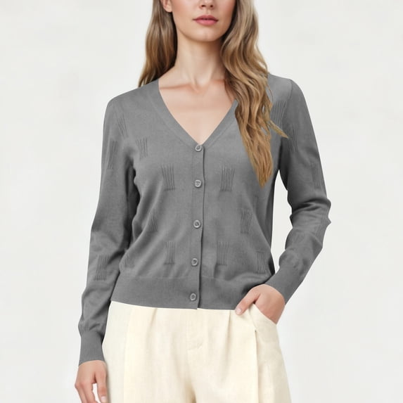 Yangnuo Women V-Neck Button Down Textured Knit Cardigan Long Sleeve Slim Fit Solid Color Cropped Open Front Sweater Jacket Casual Daily Layering Outerwear For Spring Autumn