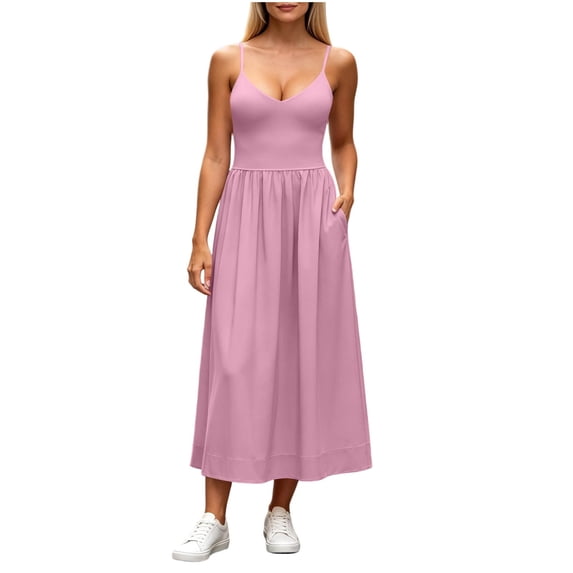 Yangnuo Women V-Neck Spaghetti Strap Midi Dress Solid Loose Pocket Summer Casual Sundress
