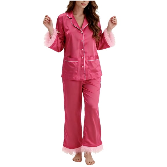 Yangnuo Women's Casual Velvet Fur Trim Collared Long-Sleeve Pajama Set Women's Casual Solid Color Long Sleeved Lapel Set Casual Top Pants Pajama Set