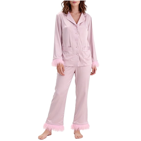 Yangnuo Women's Casual Velvet Fur Trim Collared Long-Sleeve Pajama Set Women's Casual Solid Color Long Sleeved Lapel Set Casual Top Pants Pajama Set