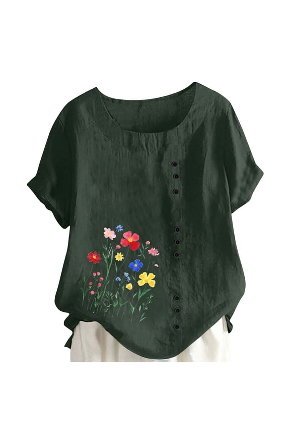 Women's Chinese Floral Print Side Button Short-Sleeve Blouse Loose Breathable Top Women's Spring And Summer Round Neck Short Sleeve Casual Fashion Printed Button T-Shirt