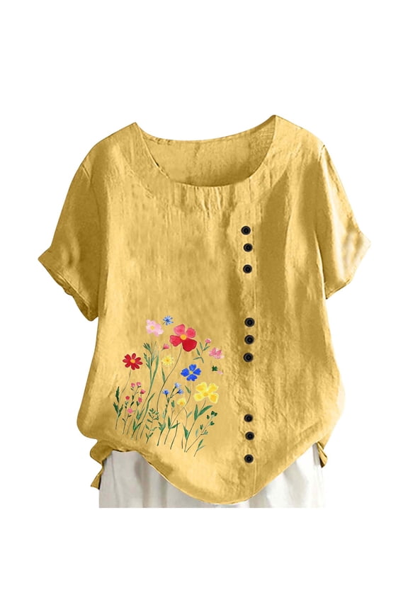 Women's Chinese Floral Print Side Button Short-Sleeve Blouse Loose Breathable Top Women's Spring And Summer Round Neck Short Sleeve Casual Fashion Printed Button T-Shirt