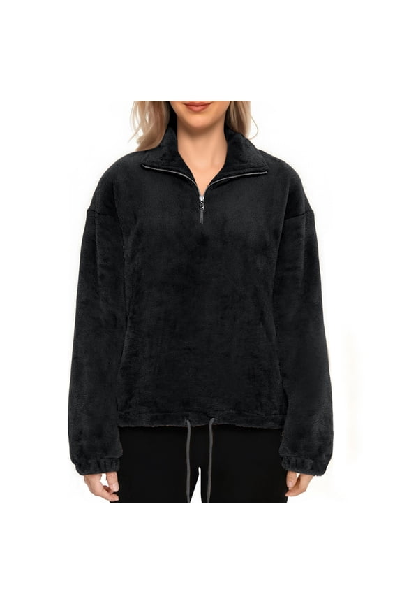 Women's Fall and Winter Flannel Long-Sleeve Half-Zip Hoodless Sweatshirt for Outer Wear Women's Winter Long-sleeve Jacket