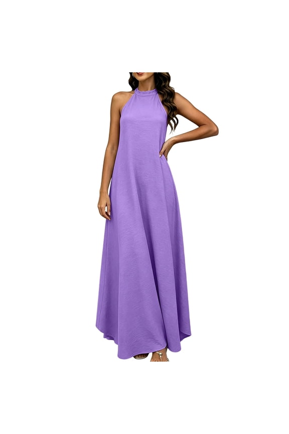 Women's Halter Neck Sleeveless Maxi Dress Casual Solid Flowy Summer Sundress Purple S