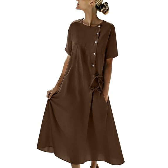 Yangnuo Women's Loose Fit Short Sleeve Maxi Dress Fashion Ladies Crew Neck Side-Button Tie Detail Casual Summer Long Dress with Pockets Brown XXL