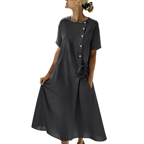 Yangnuo Women's Loose Fit Short Sleeve Maxi Dress Fashion Ladies Crew Neck Side-Button Tie Detail Casual Summer Long Dress with Pockets Gray M