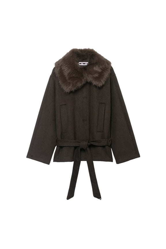 Women's New Autumn and Winter Faux Fur Collar Wool Blend Coat Jackets Women's Style Collar Wool Synthetic Lace Up Pocket Button Collar Coat Jacket