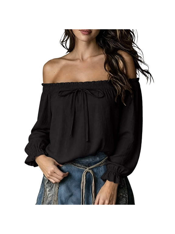 Women's Off The Shoulder Long Sleeve Blouse, Solid Color Ruffle Cuff Drawstring Front Casual Loose Pullover Top