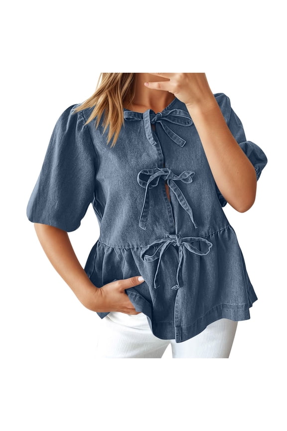 Women's Round Neck Puff Mid Sleeve Tie Front Tiered Denim Blouse Ladies Solid Color Loose Casual Summer Top