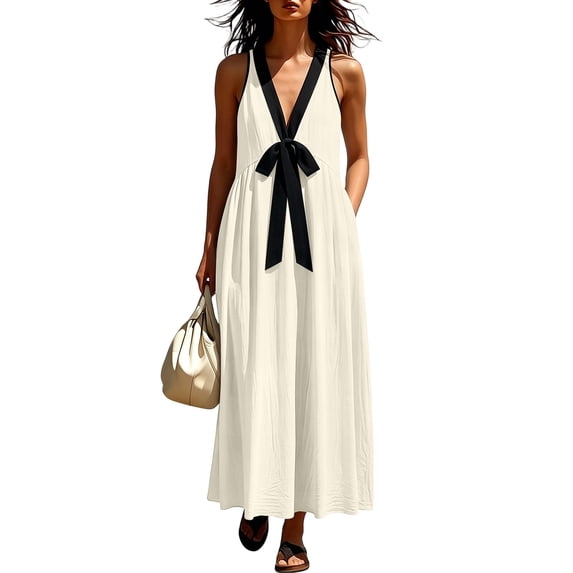 Yangnuo Women's Sleeveless V-Neck Maxi Dress with Black Contrast Bow Ladies Fashion Casual Linen Blend Loose Fit Flowy Long Dress