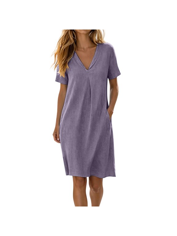 Women's Summer Casual V-Neck Short Sleeve T-Shirt Midi Dress with Pockets Purple XXL