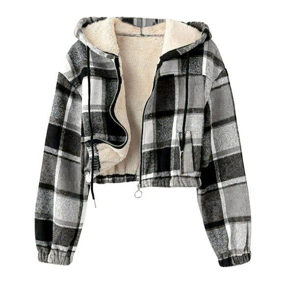 Yangnuo Women's Trendy Casual Fleece Lined Flannel Thick Plaid Print Long Sleeve Hooded Zipper Thermal Lined Warm Short Jacket With Pocket 2025 Fall Winter