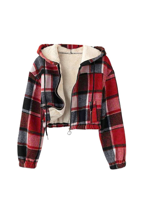 Women's Trendy Casual Fleece Lined Flannel Thick Plaid Print Long Sleeve Hooded Zipper Thermal Lined Warm Short Jacket With Pocket 2025 Fall Winter