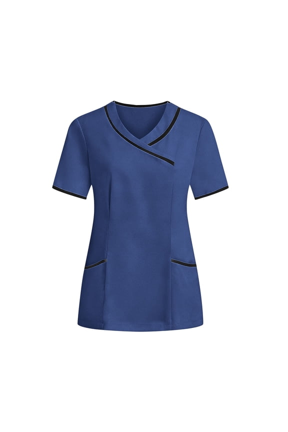 Women's Trendy Casual Short-Sleeve Contrast Trim Medical Scrub Top Blouses Women's Nurses Tunic Uniform Clinic Carer V-Neck Protective Clothing