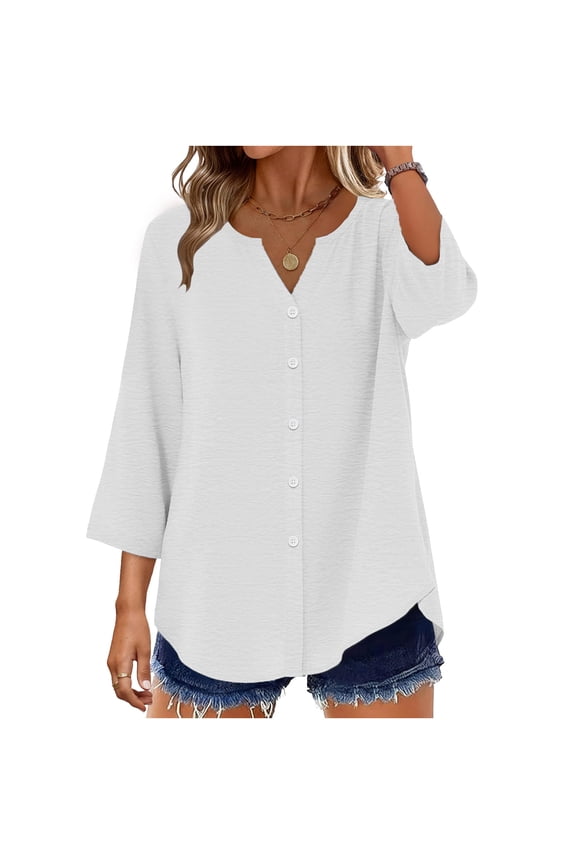 Women's Trendy Fashion Button-Front Loose Comfy Blouse Top Women's V-neck Button-up Blouse With Three-quarter Sleeves Solid Color Cardigan Top For Women