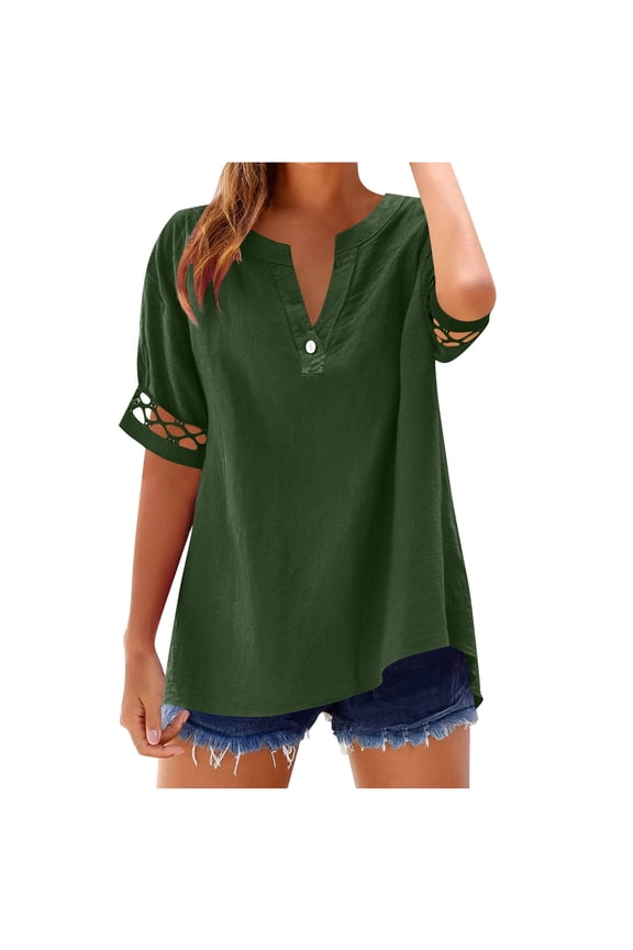 Women's Trendy Fashion V-Neck Cutout 3/4 Sleeve Loose Comfy Blouse Tops Women's Solid Color Linen Button Shirt T-shirt Home Casual T-Shirt Lace Splice Short Sleeve Top