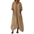 thumbnail image 1 of Yangnuo Women's V-Neck 3/4 Sleeve Maxi Dress Ladies Fashion Solid Color Linen Loose Irregular Hem Casual Daily Loungewear Sundress With Pockets Pink XXL, 1 of 6